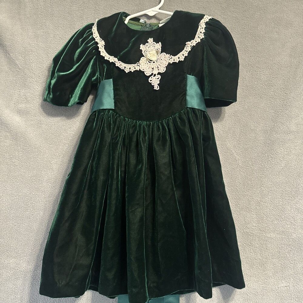 VTG Peaches N Cream Velvet Dress Size‎ 4 Green 80s 90s Lace Christmas Holiday